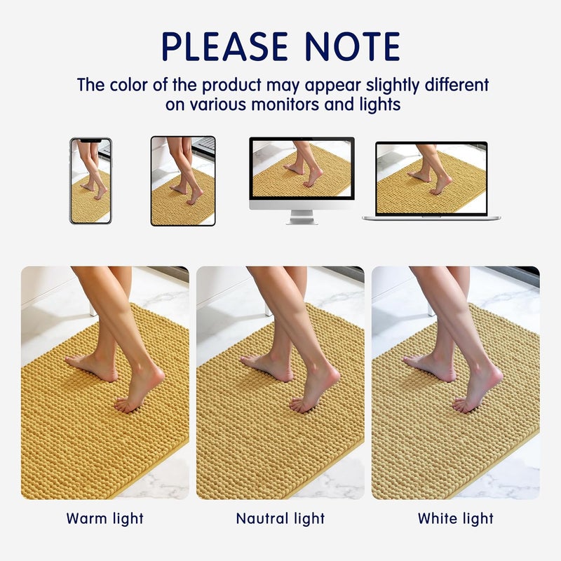 subrtex Bathroom Rugs Chenille Bath Rug, Soft Short Plush Bath Mat, Water Absorbent Shower Mat, Quick Dry Machine Washable(Yellow, 24" x 60") - Image 3
