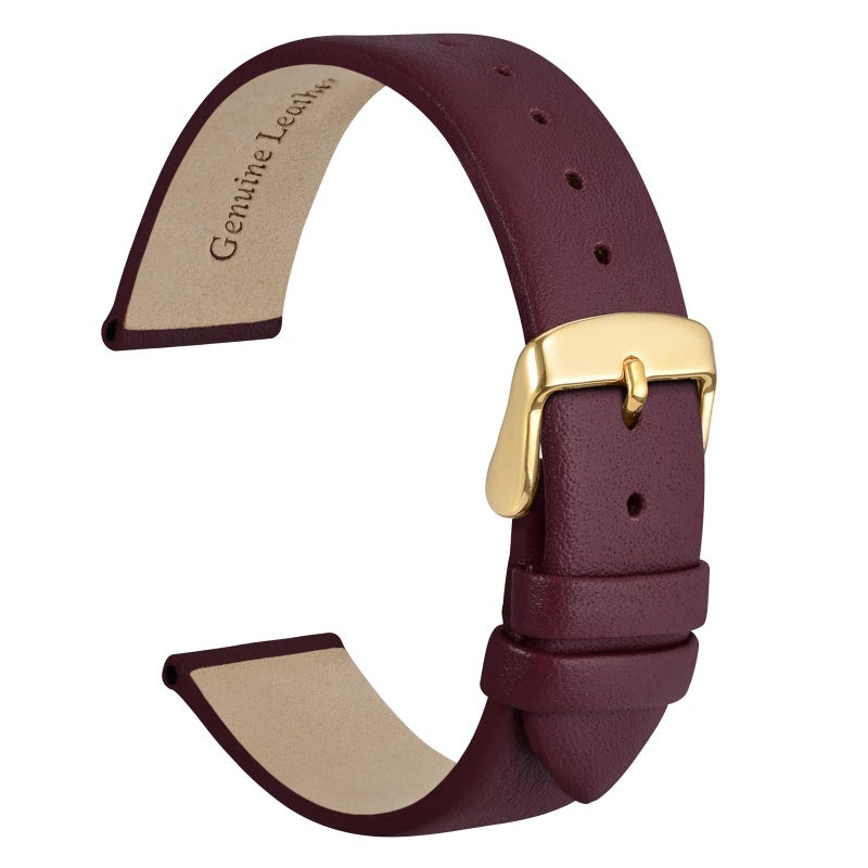 WOCCI 14mm Lug Width, Elegant Watch Band, Genuine Leather Replacement Strap with Gold Buckle (Dark Plum) - Image 1