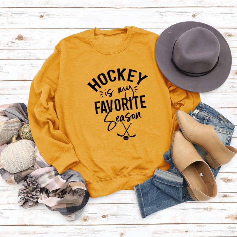 Hockey Season Casual Crewneck Sweatshirt Yellow Sweatshirt (black font)