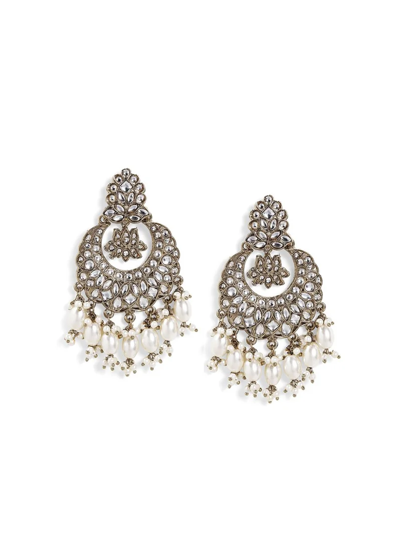 Priyaasi Kundan Studded  Beaded Crescent Shaped Brass Chandbalis