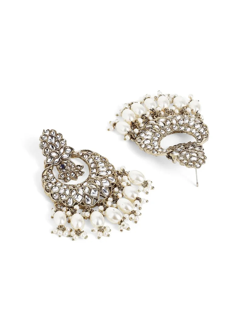Priyaasi Kundan Studded  Beaded Crescent Shaped Brass Chandbalis