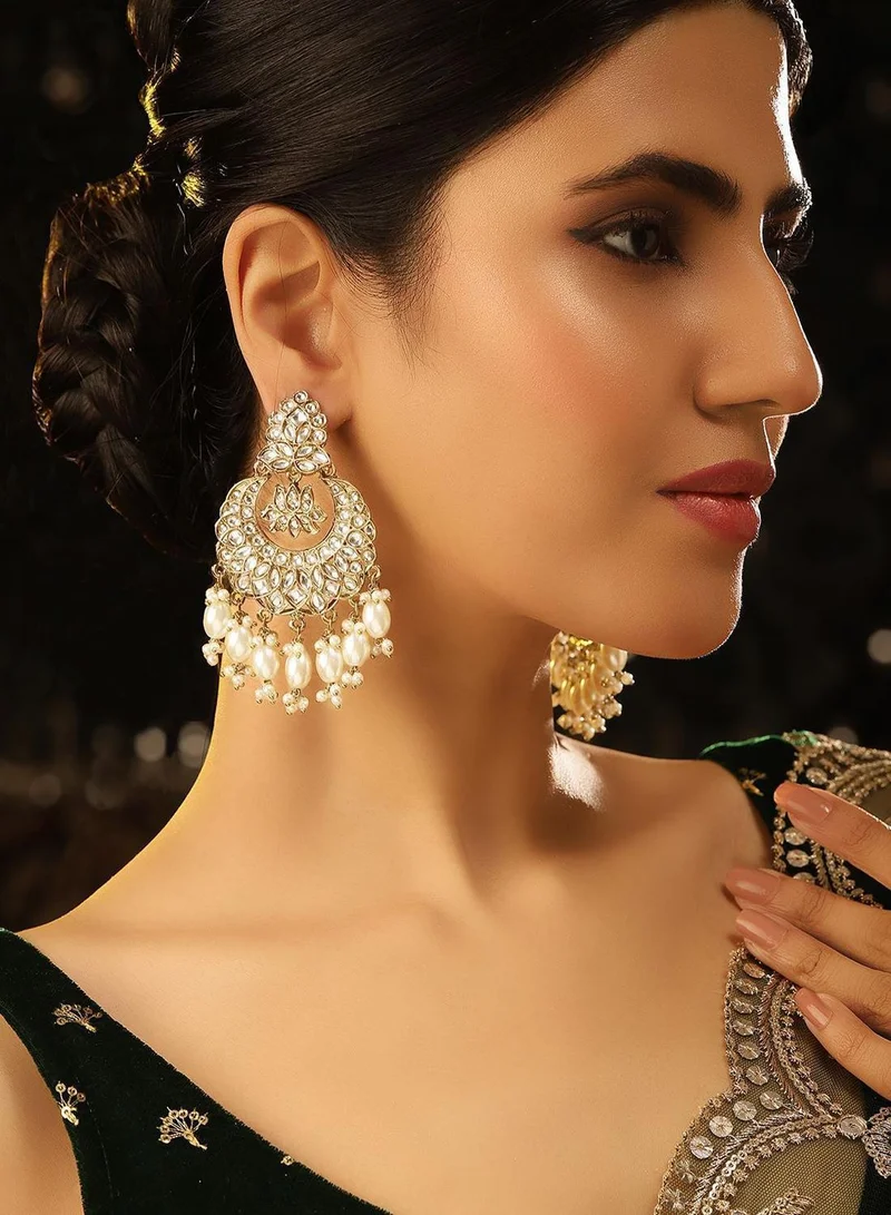 Priyaasi Kundan Studded  Beaded Crescent Shaped Brass Chandbalis