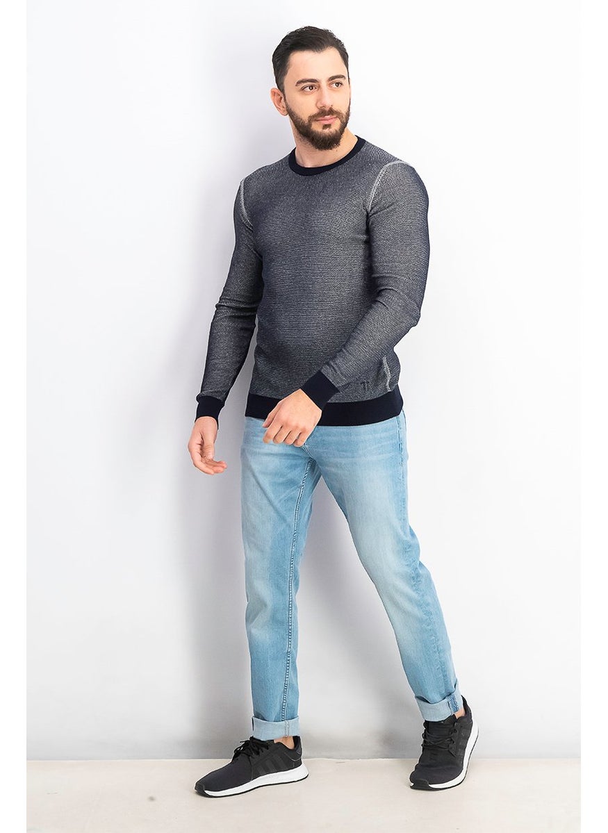TRUSSARDI JEANS - Men Knitted Round Neck Long Sleeve Sweater, Navy Blue - Image 1