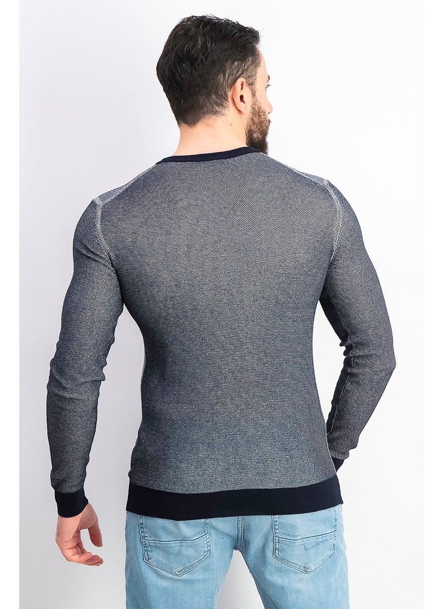 TRUSSARDI JEANS - Men Knitted Round Neck Long Sleeve Sweater, Navy Blue - Image 1