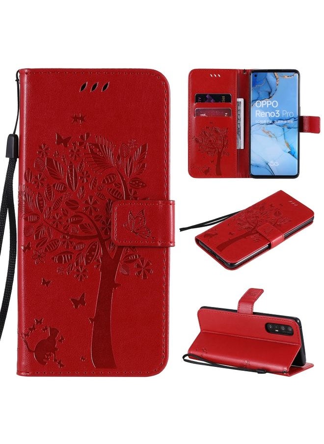 HuHa Case Cover For Oppo Reno3 Pro 5G / Find X2 Neo Tree & Cat Embossed Pattern Horizontal Flip Leather Case with Holder & Card Slots & Wallet & Lanyard Red 