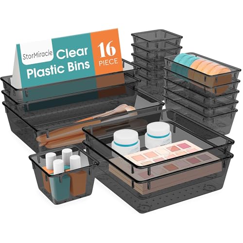 StorMiracle 16 PCS Drawer Organizer Set 5 Varied Size Bathroom and kitchen Drawer cabinet organizer Trays Clear Storage Bins for Makeup Jewelry Utensils and Gadgets Black