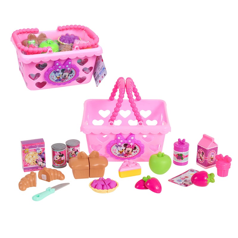 Minnie Disney Junior Minnie BowTique Bowtastic Shopping Basket Set with Pretend Food and Accessories Pretend Play Kids Toys for Ages 3 Up by Just Play