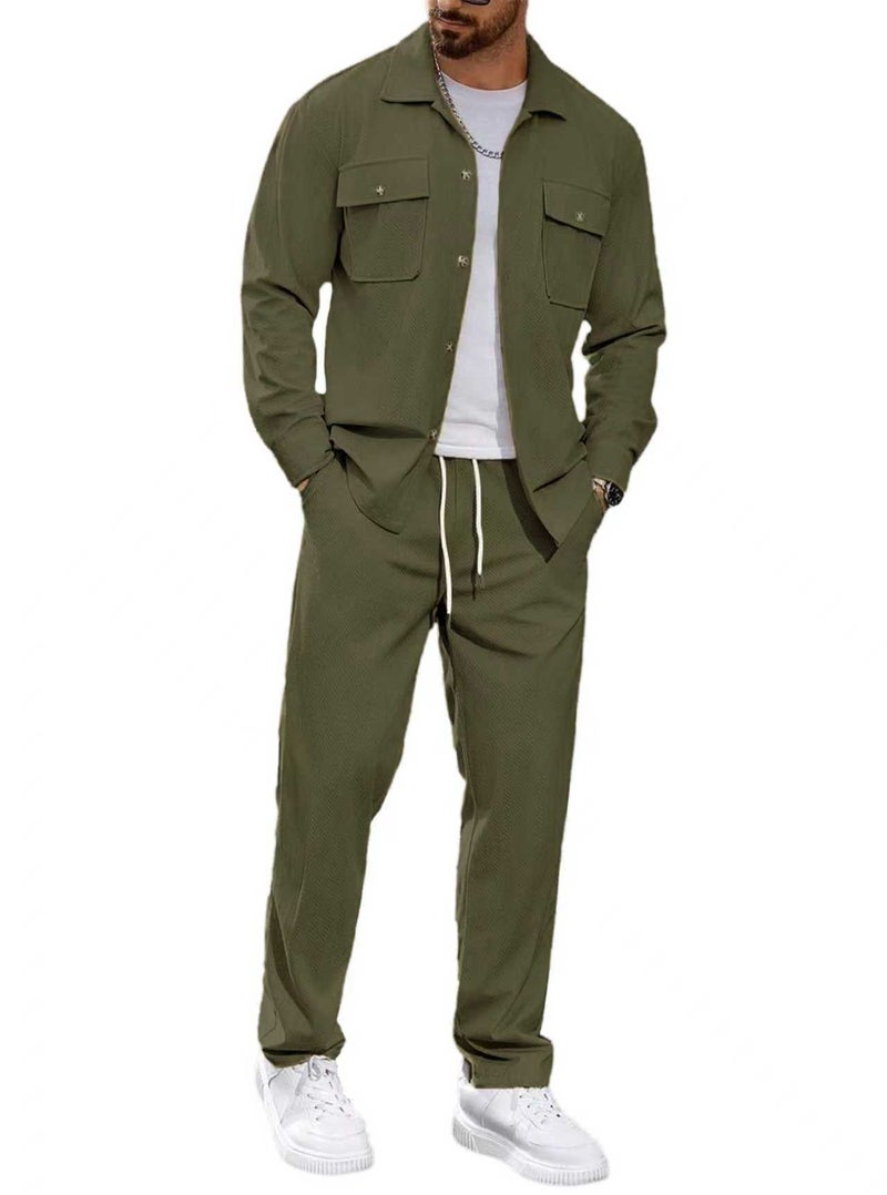 Men's Casual Two-Piece Set Button Pocket Lapel Jacket Straight Leg Pants - Image 3