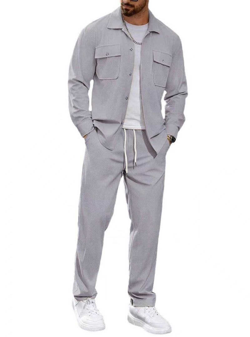 Men's Casual Two-Piece Set Button Pocket Lapel Jacket Straight Leg Pants - Image 5