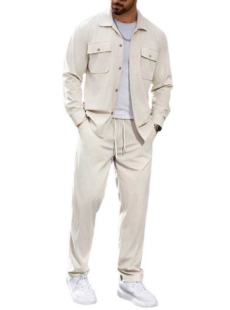 Men's Casual Two-Piece Set Button Pocket Lapel Jacket Straight Leg Pants - Image 2