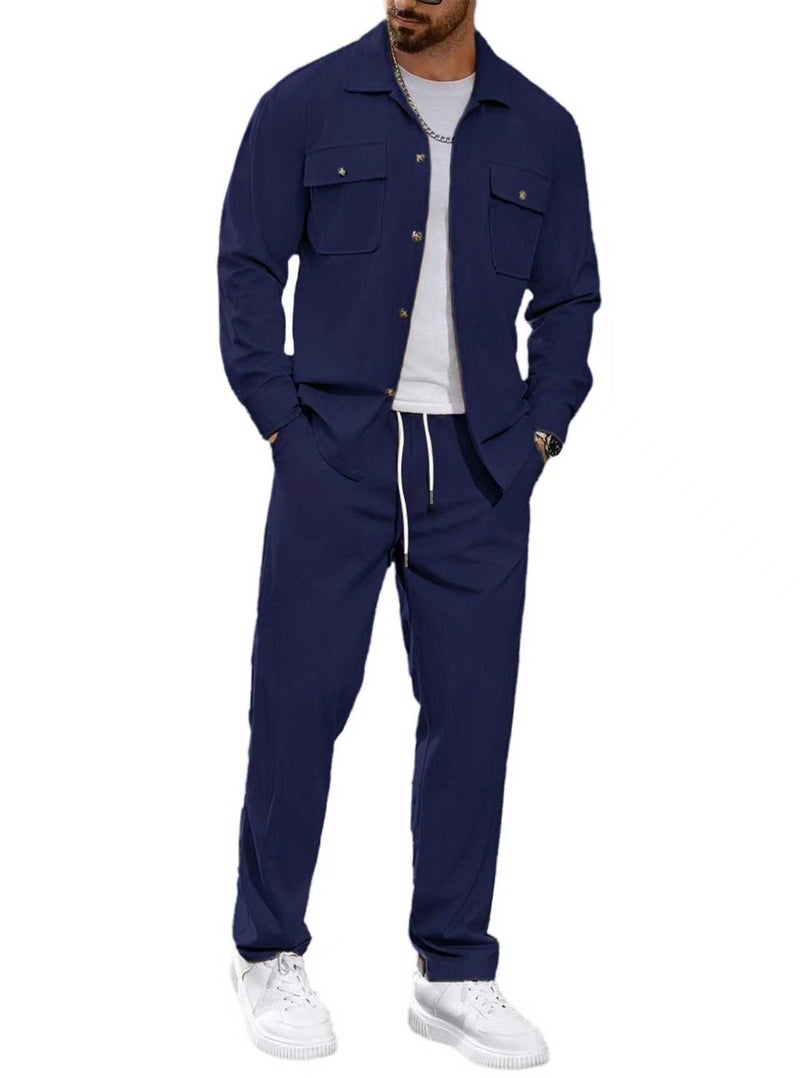 Men's Casual Two-Piece Set Button Pocket Lapel Jacket Straight Leg Pants - Image 4
