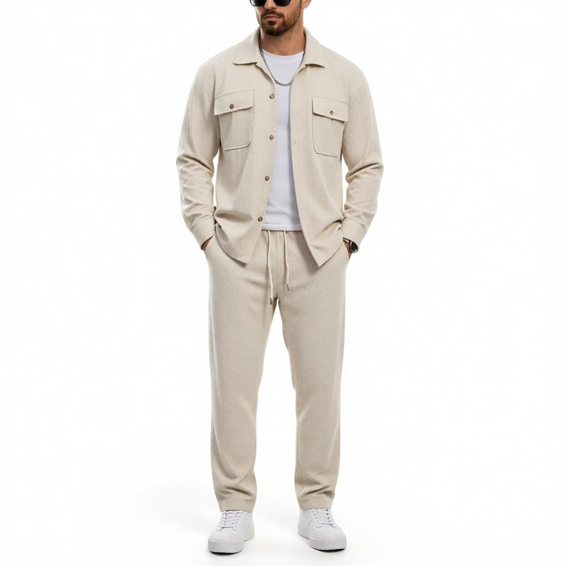 Men's Casual Two-Piece Set Button Pocket Lapel Jacket Straight Leg Pants - Image 1