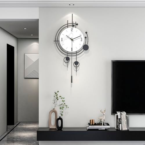 JTWALCLOCK Modern Wall Clock for Living Room Decor Large Decorative Metal Wall Clock with Pendulum 14 Inch Big Black Silent Unique Clock Battery Operated Non Ticking for Kitchen Office Bedroom - Image 1