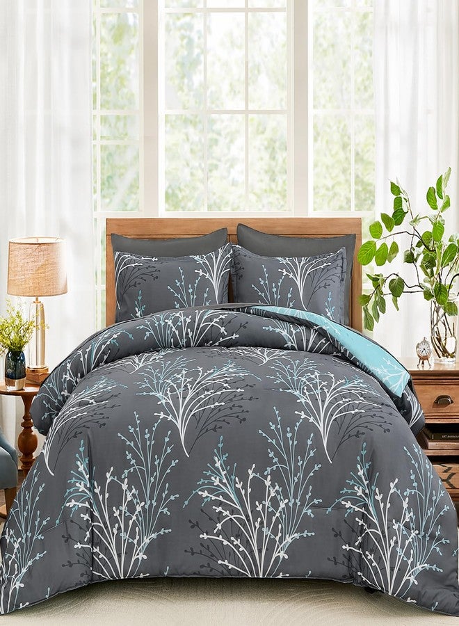 DJY Grey Comforter Set King Size - Reversible Branch Floral Bed in a Bag, 7 Piece Grey and Blue Botanical Comforter, Soft Microfiber Reversible Floral Bedding Set for All Season (104''x90'') - Image 1