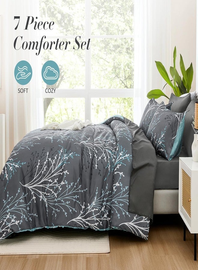 DJY Grey Comforter Set King Size - Reversible Branch Floral Bed in a Bag, 7 Piece Grey and Blue Botanical Comforter, Soft Microfiber Reversible Floral Bedding Set for All Season (104''x90'') - Image 3