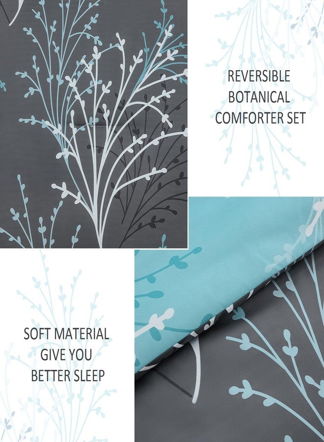 DJY Grey Comforter Set King Size - Reversible Branch Floral Bed in a Bag, 7 Piece Grey and Blue Botanical Comforter, Soft Microfiber Reversible Floral Bedding Set for All Season (104''x90'') - Image 4