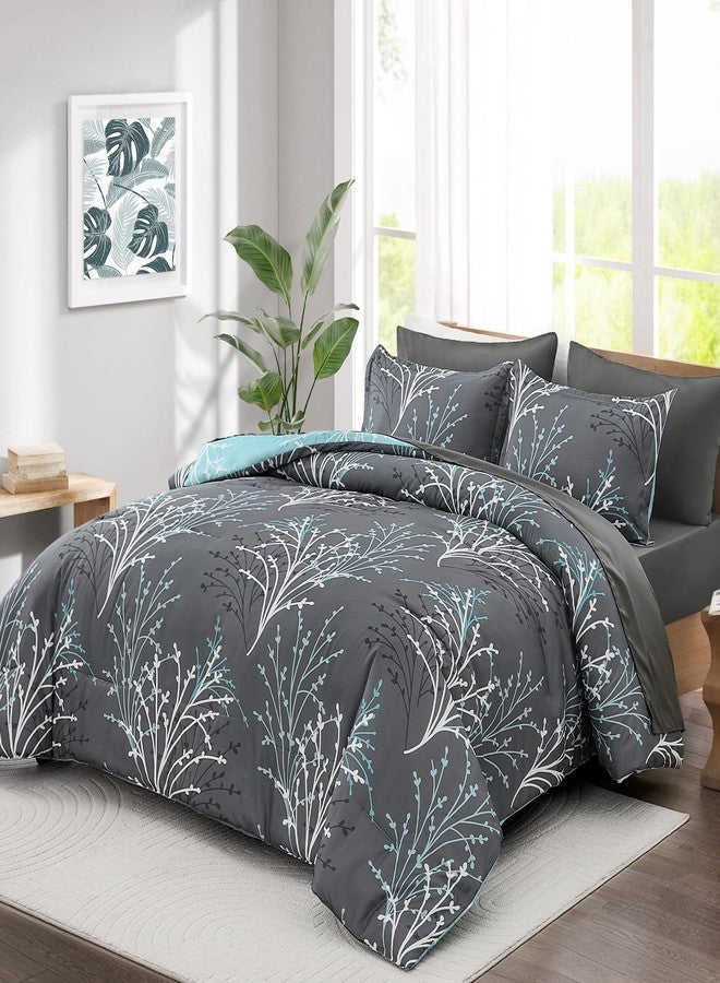 DJY Grey Comforter Set King Size - Reversible Branch Floral Bed in a Bag, 7 Piece Grey and Blue Botanical Comforter, Soft Microfiber Reversible Floral Bedding Set for All Season (104''x90'') - Image 2