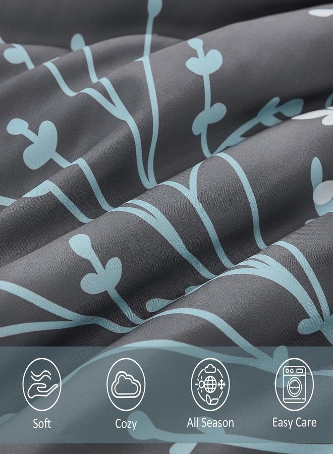 DJY Grey Comforter Set King Size - Reversible Branch Floral Bed in a Bag, 7 Piece Grey and Blue Botanical Comforter, Soft Microfiber Reversible Floral Bedding Set for All Season (104''x90'') - Image 5