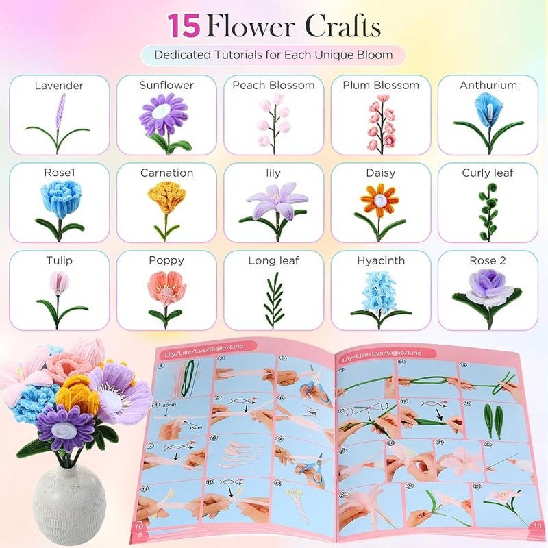 Funtopia Pipe Cleaner Flower Kit, 540Pcs Pipe Cleaners Craft with 15 Designs Guiding Book, Flower Making Kit with Chenille Stems & Floral Wires, DIY Bouquets and Party Decorations (Multicolor, 12in x 7mm) - Image 4