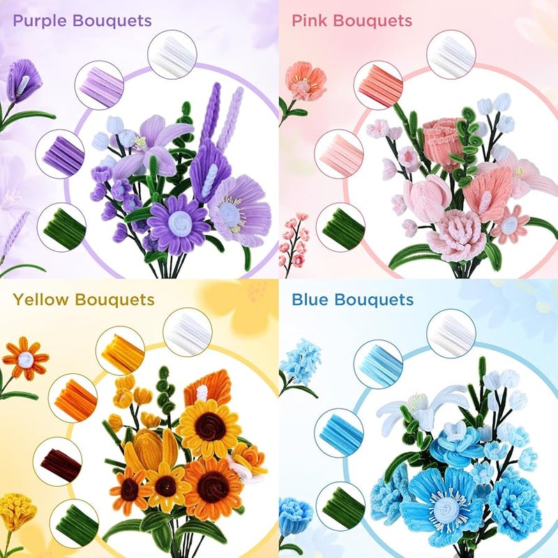 Funtopia Pipe Cleaner Flower Kit, 540Pcs Pipe Cleaners Craft with 15 Designs Guiding Book, Flower Making Kit with Chenille Stems & Floral Wires, DIY Bouquets and Party Decorations (Multicolor, 12in x 7mm) - Image 2