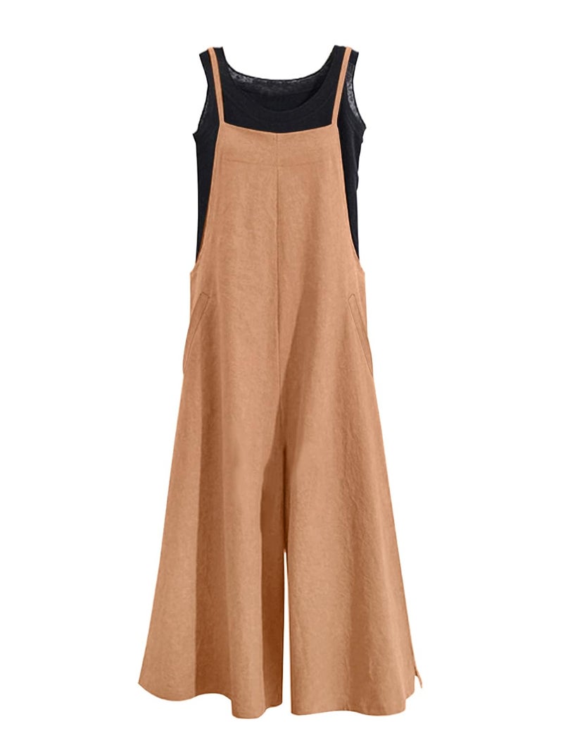 YESNO Women Casual Loose Long Bib Pants Wide Leg Jumpsuits Baggy Cotton Rompers Overalls with Pockets (L PZZTYP2 Apricot) - Image 1
