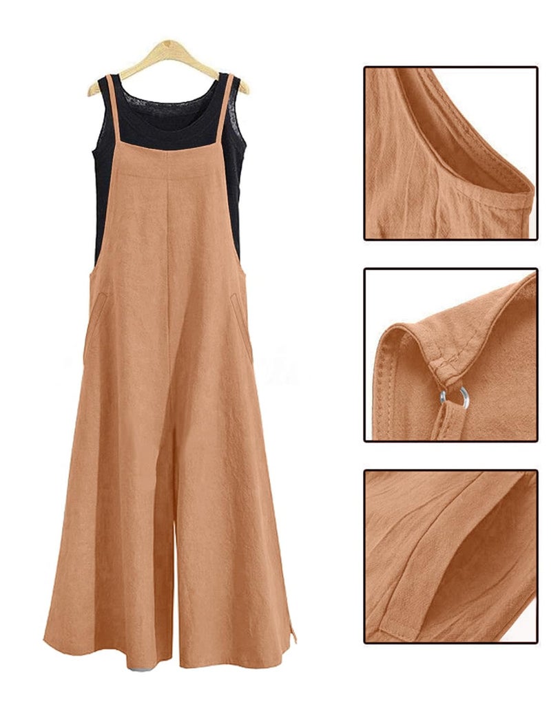YESNO Women Casual Loose Long Bib Pants Wide Leg Jumpsuits Baggy Cotton Rompers Overalls with Pockets (L PZZTYP2 Apricot) - Image 4