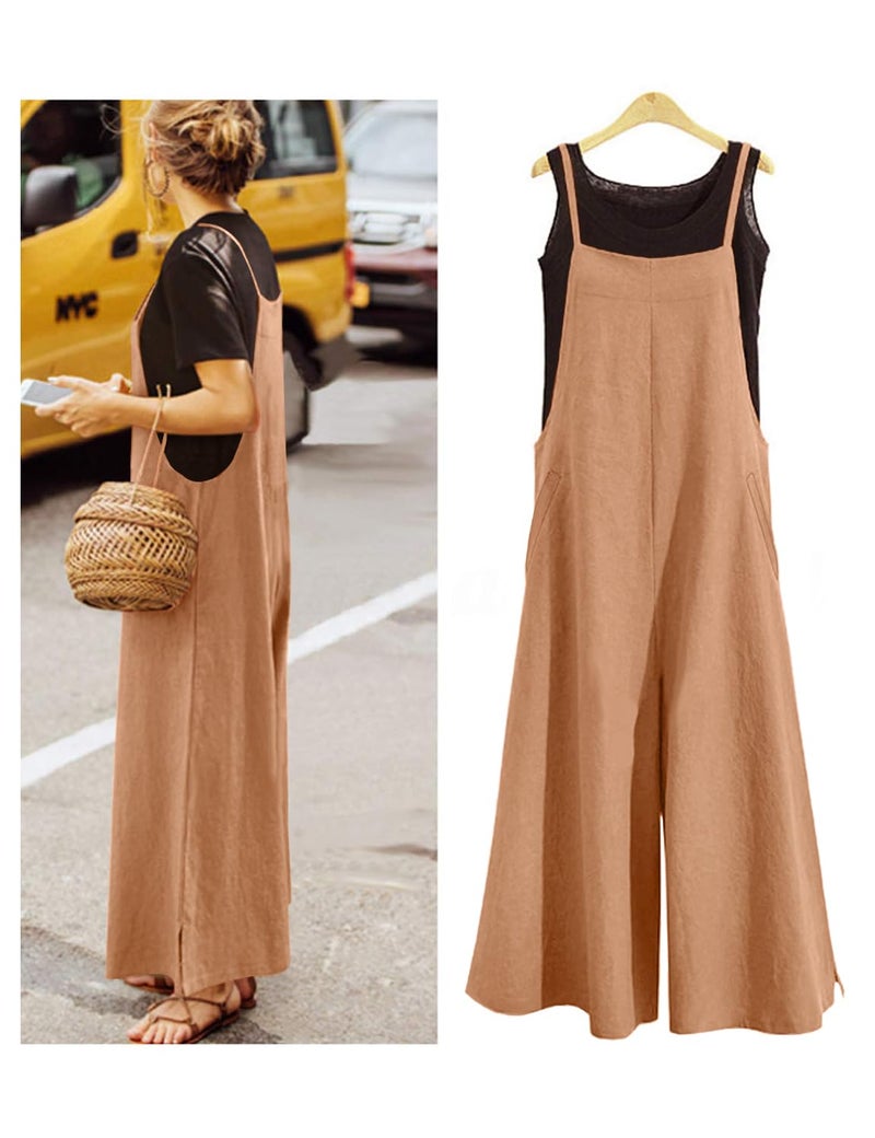 YESNO Women Casual Loose Long Bib Pants Wide Leg Jumpsuits Baggy Cotton Rompers Overalls with Pockets (L PZZTYP2 Apricot) - Image 3