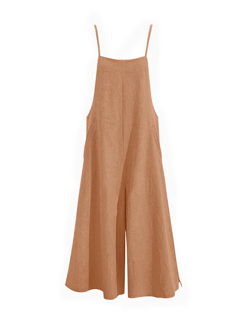 YESNO Women Casual Loose Long Bib Pants Wide Leg Jumpsuits Baggy Cotton Rompers Overalls with Pockets (L PZZTYP2 Apricot) - Image 5