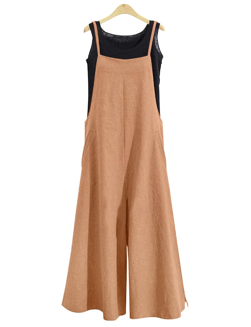 YESNO Women Casual Loose Long Bib Pants Wide Leg Jumpsuits Baggy Cotton Rompers Overalls with Pockets (L PZZTYP2 Apricot) - Image 2