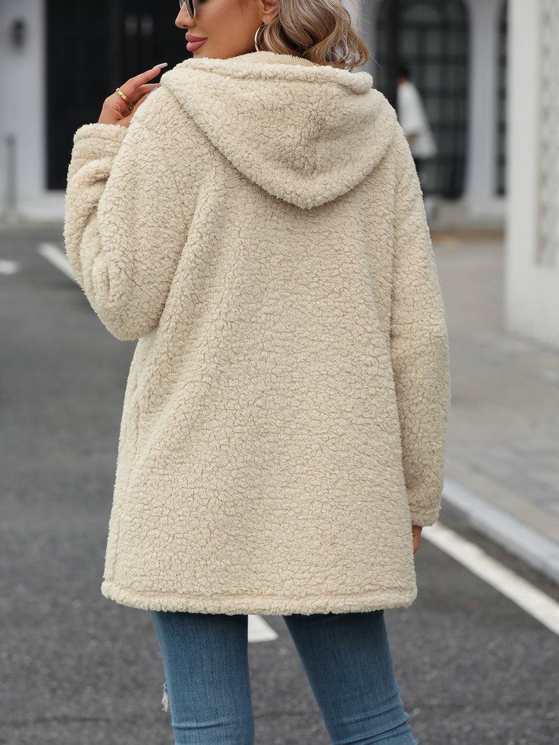Fleece Hooded Zip-Up Cardigan Mid-Length Loose Plush Coat - Image 1