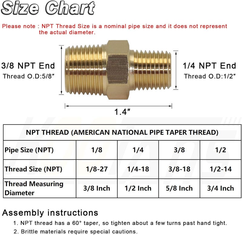 KOOTANS 3/8 NPT × 1/4 NPT ذكر نحاس صلب سداسي، محولات أنابيب نحاسية ثقيلة، موصلات تقليل 4 قطع - Image 2