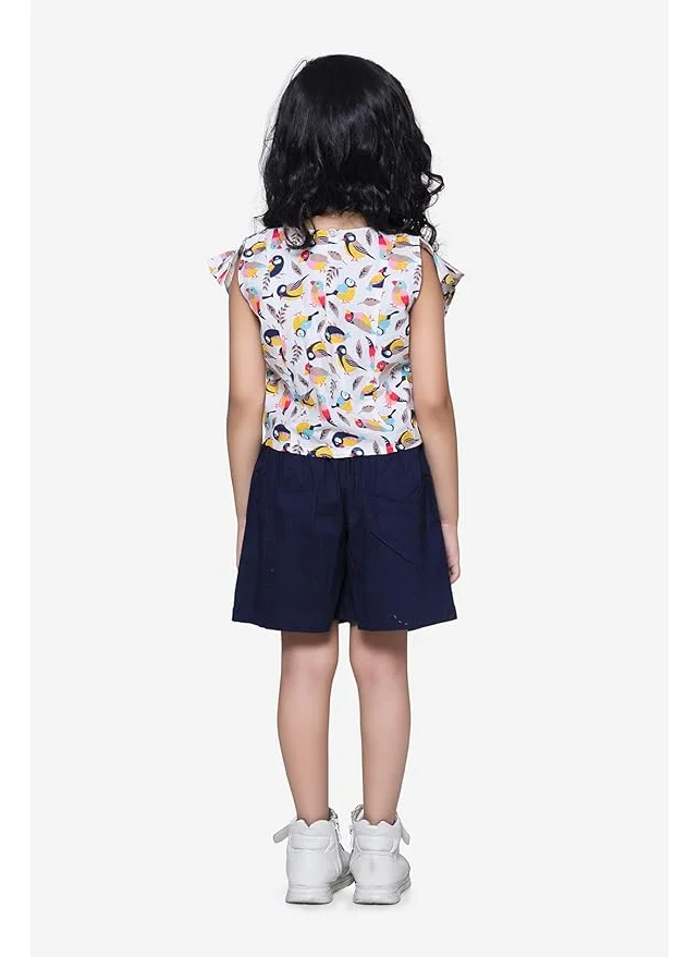 LILPICKS Bird Print ruffle top with Navy belted shorts Set