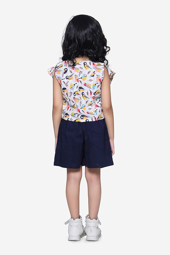 LILPICKS Bird Print ruffle top with Navy belted shorts Set - Image 3