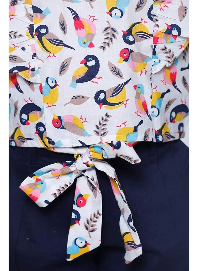 LILPICKS Bird Print ruffle top with Navy belted shorts Set