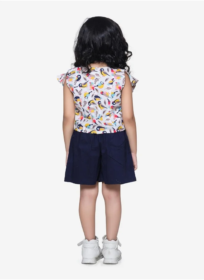 ليلك Bird Print ruffle top with Navy belted shorts Set