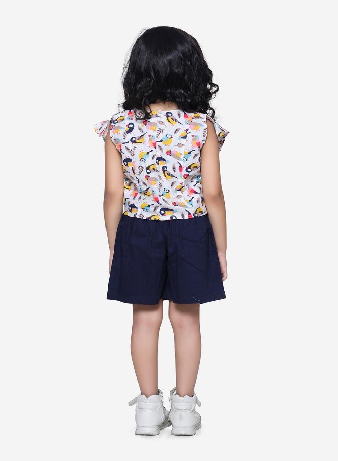 LILPICKS Bird Print ruffle top with Navy belted shorts Set - Image 2