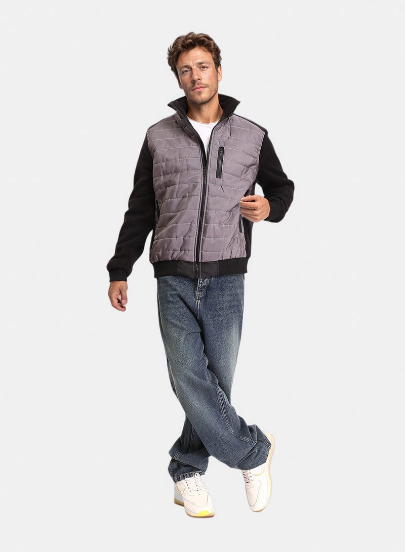 RAVIN Men Bi Tone Long Sleeves Zipped Bomber Jacket Dark Grey Black - Image 4