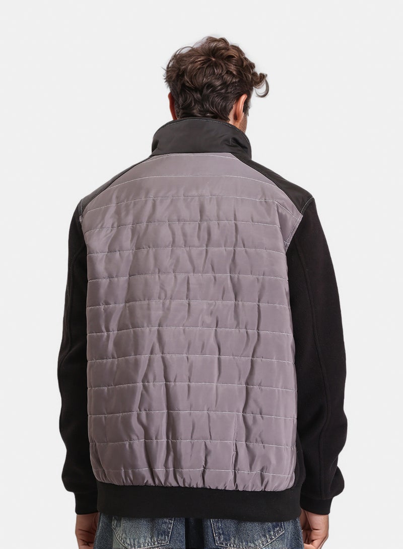 RAVIN Men Bi Tone Long Sleeves Zipped Bomber Jacket Dark Grey Black - Image 2
