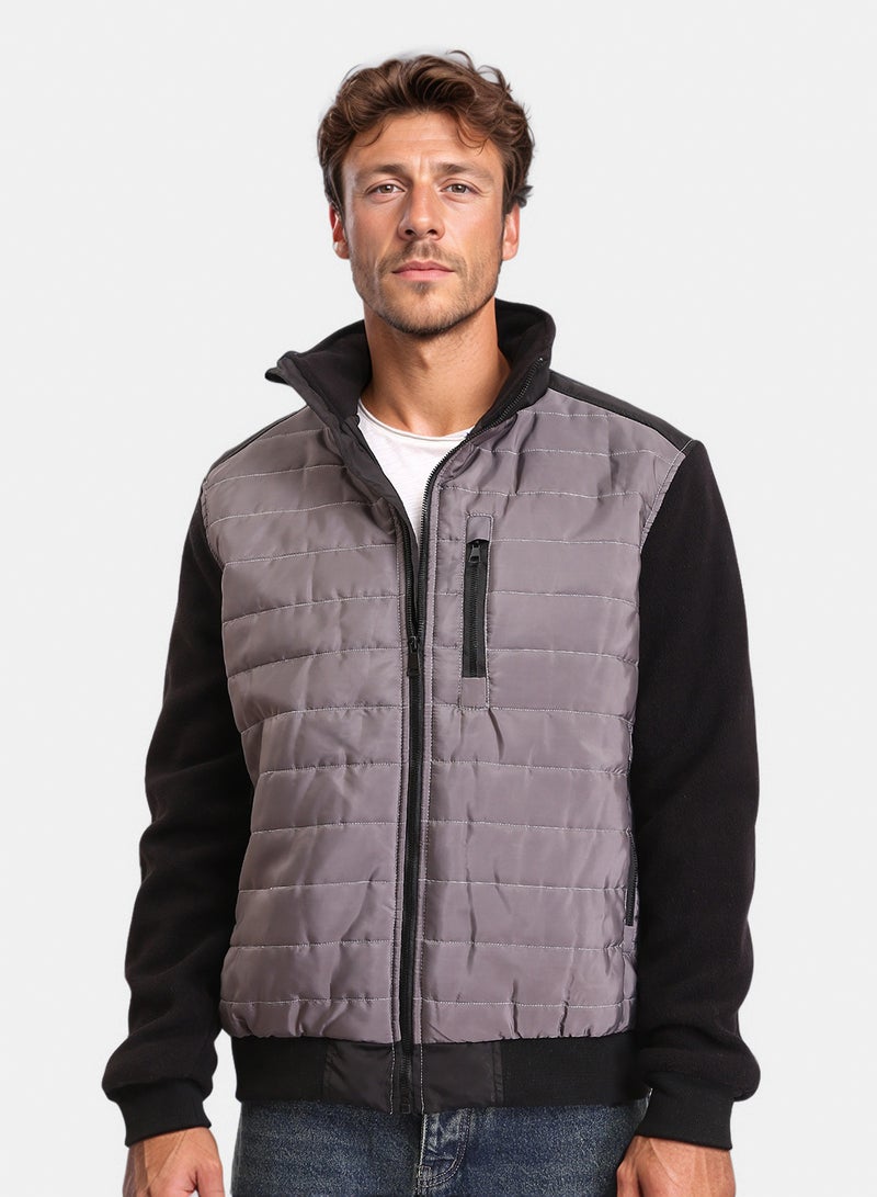 RAVIN Men Bi Tone Long Sleeves Zipped Bomber Jacket Dark Grey Black - Image 1