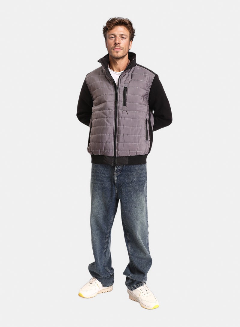 RAVIN Men Bi Tone Long Sleeves Zipped Bomber Jacket Dark Grey Black - Image 5