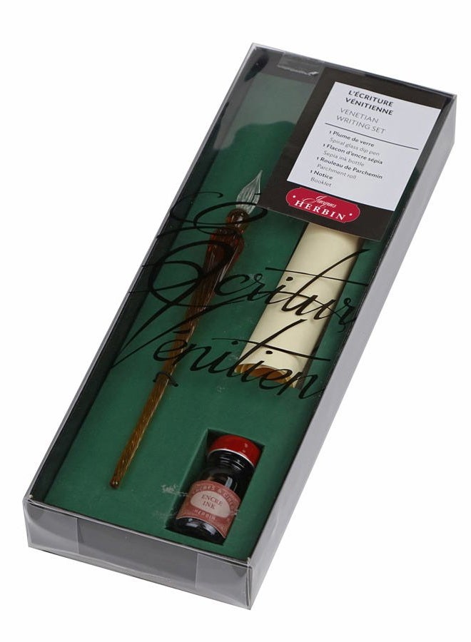 Jacques Herbin Herbin 28300T - "Ecriture Vénitienne/Venetian Writing'' Set Comprising A Twisted Glass Quill, Sheet of Parchment, Bottle of Sepia Ink and Instructions - Image 1