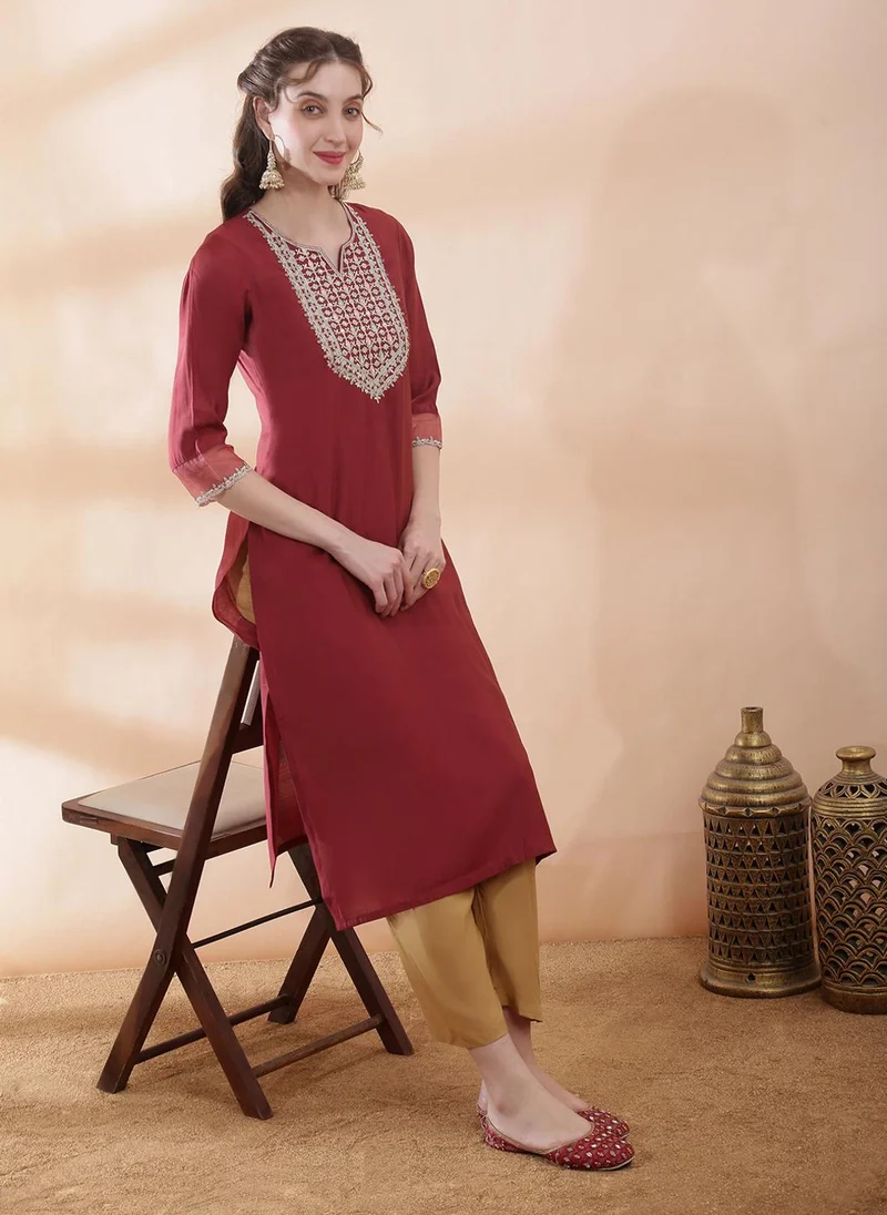 Globus Women's Brown Festive Kurta with Round Neck and Floral Zari Embroidered Detail