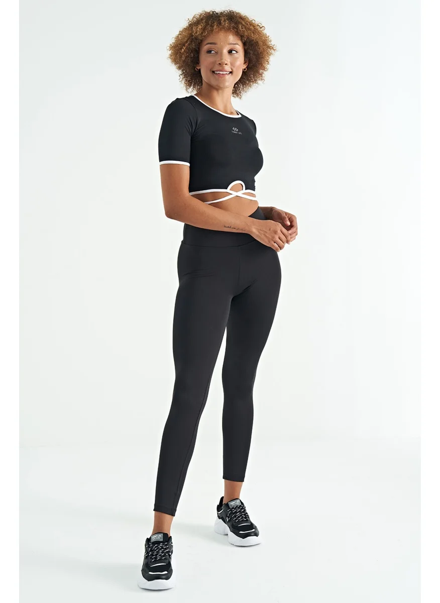 Tommy Life Black Logo Print Detail High Waist Scuba Fabric Slim Fit Women's Leggings - 94627