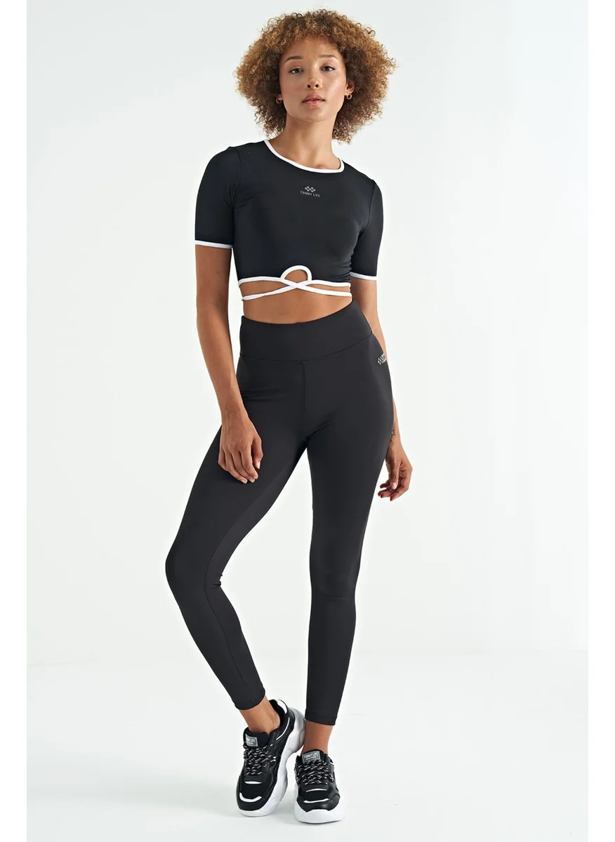 Tommy Life Black Logo Print Detail High Waist Scuba Fabric Slim Fit Women's Leggings - 94627