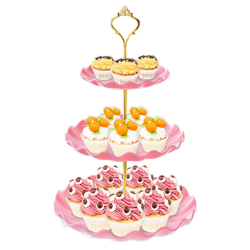 BACUTHY 3 Tier Cupcake Stand Holder, Plastic Cup Cake Stand Tower with Tiered Serving Tray for Cupcakes, Donuts, Fruits and More, Pink - Image 1