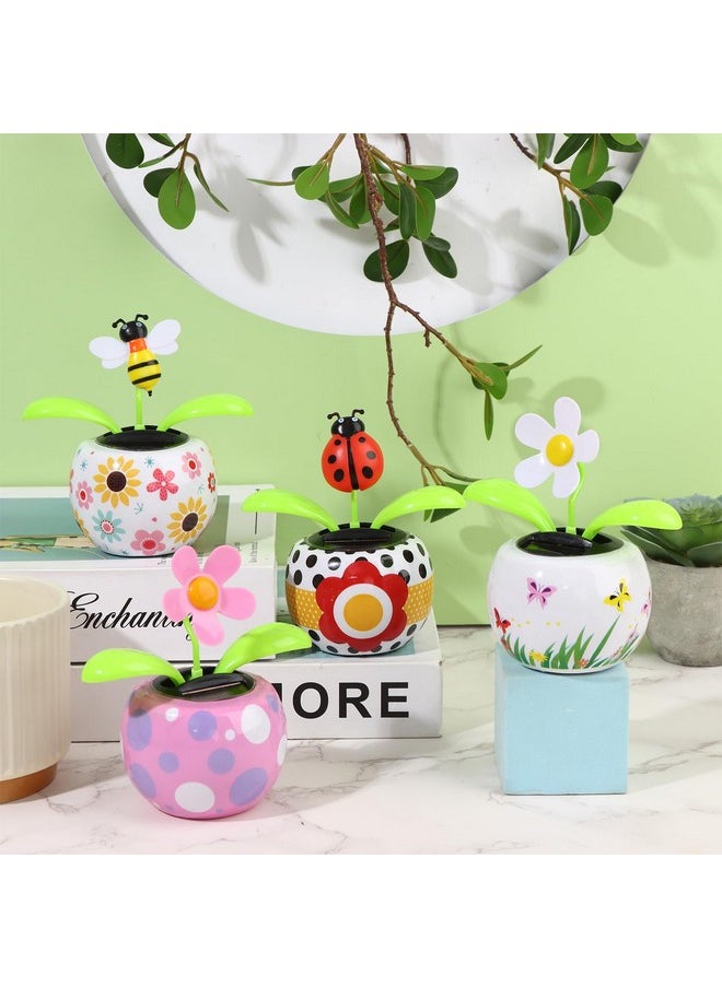 Welecom 4 Solar Dancing Bee Toy Solar Powered Dancing Sun Flower In Colorful Pots Swinging Ladybug Shape Flip Flap Animated Bobblehead Dancer Window Rose Sun Catcher Car Dashboard Decor  - Image 3
