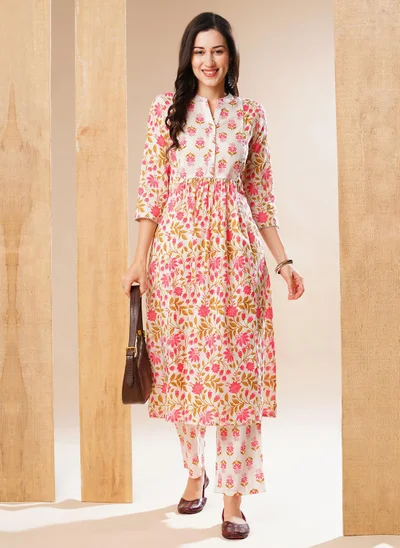 globus Globus Women Off White Floral Printed Pure Cotton Mandarin Collar A-Line Kurta & Trouser