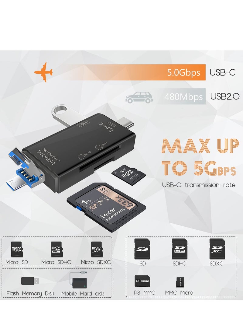 قارئ بطاقات SD، موصل مزدوج USB C، محول قارئ بطاقات ذاكرة USB 3.0، قارئ ذاكرة USB C/Micro/USB 6 في 1، كاميرا عرض