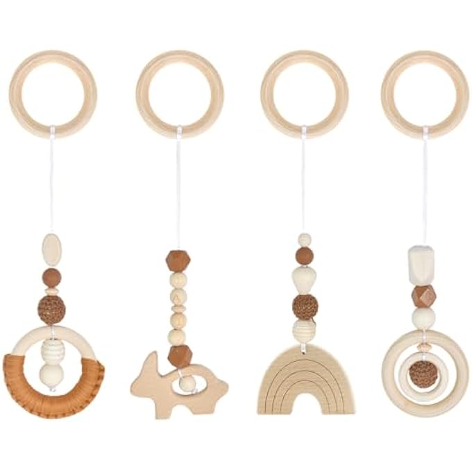 PACK OF 4 PLAY ARCH BABY TOYS FROM 0 MONTHS, GYM PLAY ARCH BABY WOODEN PENDANT, PLAY ARCH BABY TOYS FOR BABY SEAT, PRAM, CAR SEAT TOY (BROWN) - Image 2