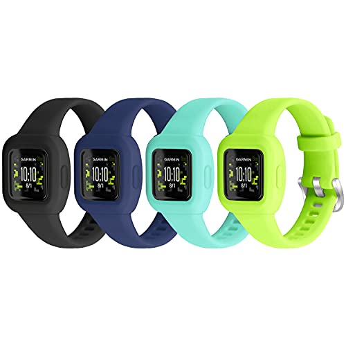 Vanet 4 Pack Compatible with Garmin Vivofit Jr 3 Bands for Kids, Soft Silicone Sport Breathable Bands Adjustable Replacement for Girls Boys, Black/Navy/Lime/Teal Green - Image 1
